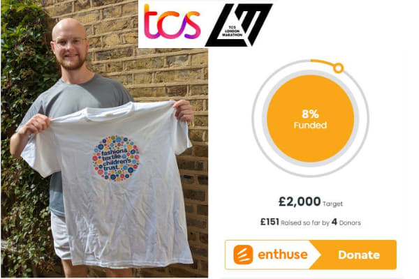 Our marathon runner Will is holding up his FTCT t-shirt next to his totalizer. Will has raised 8% of his total, £151.